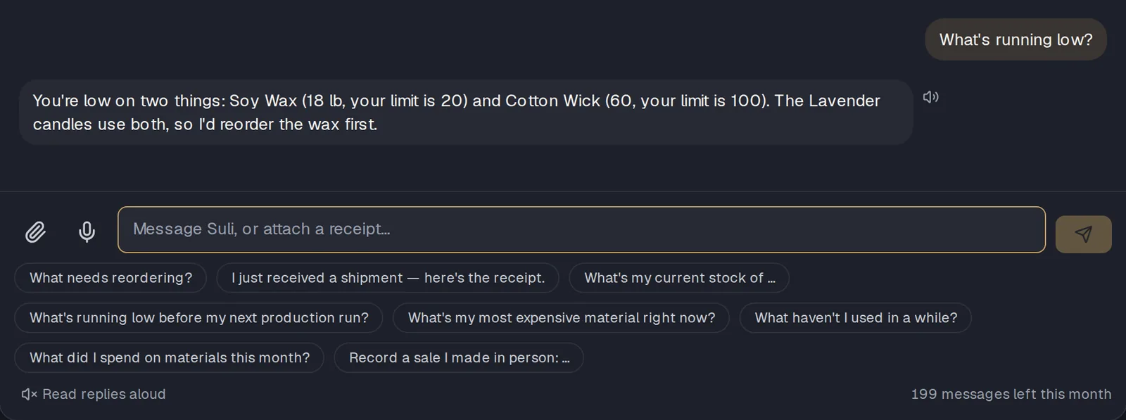 The Keepsel chat: asked what is running low, Suli names soy wax and cotton wick against their limits and says to reorder the wax first; below, the message box and suggested questions