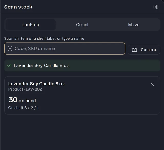 Keepsel's scan view: a candle scanned by its code, with 30 on hand and the shelf it sits on